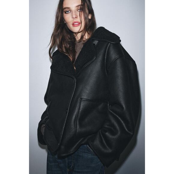 Zara Double Faced Shearling Jacket Sz XS Black Fur Lapel Collar Oversized Boxy - Picture 1 of 16